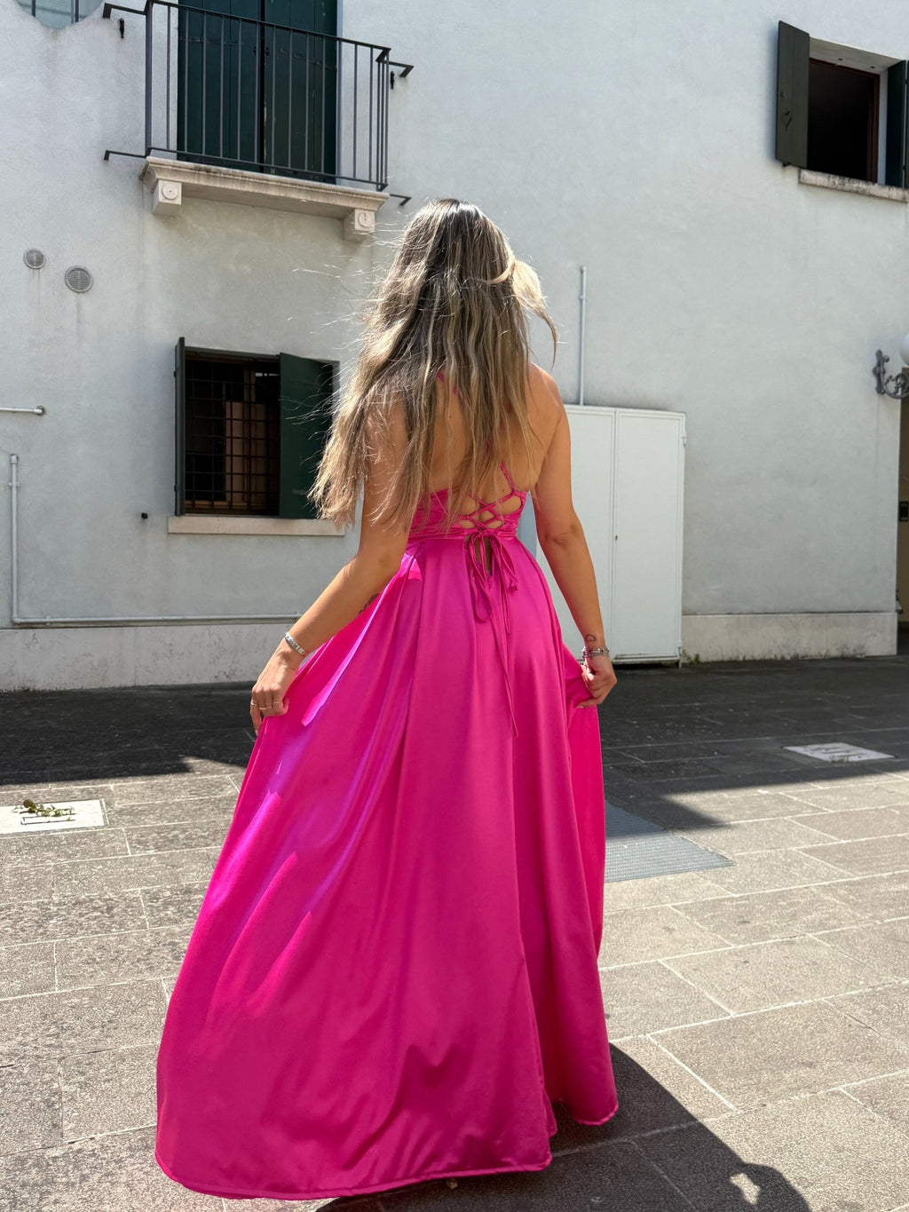 Vestito lungo in raso con corpetto a barchetta MAREA - Follie by Alice