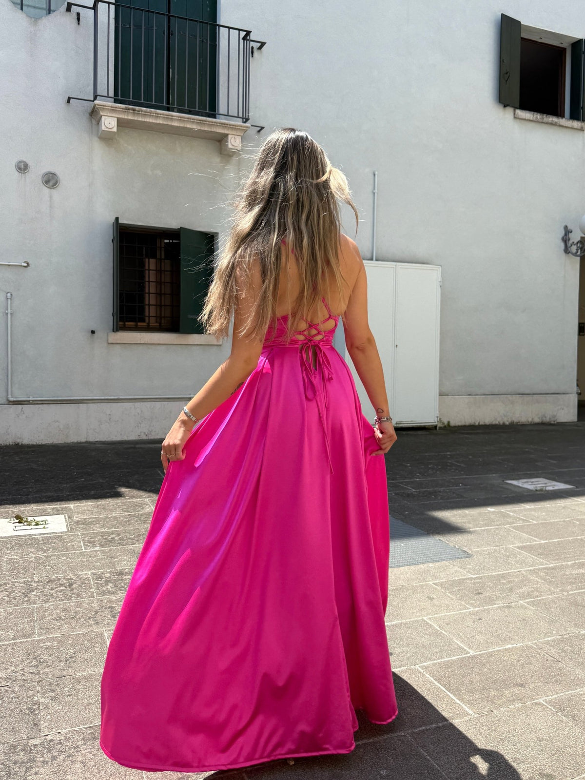 Vestito lungo in raso con corpetto a barchetta MAREA - Follie by Alice