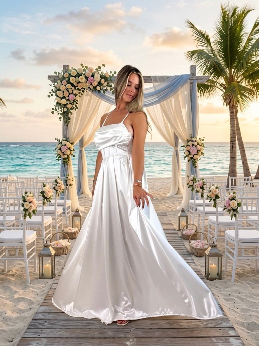 Vestito lungo in raso con corpetto a barchetta MAREA - Follie by Alice