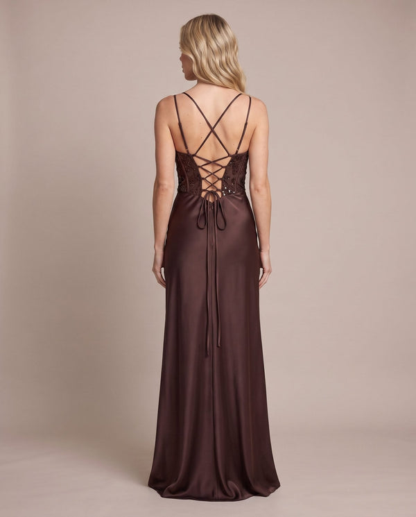 Vestito lungo in raso con corpetto paillettes MARLENE - Follie by Alice