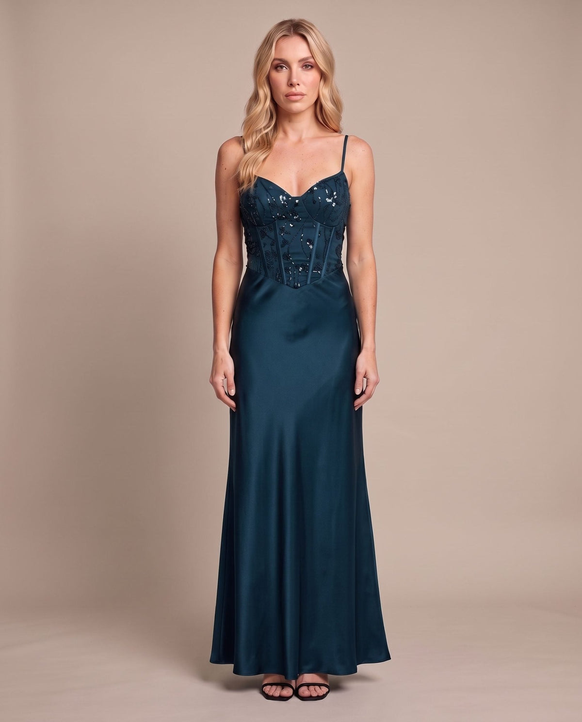 Vestito lungo in raso con corpetto paillettes MARLENE - Follie by Alice