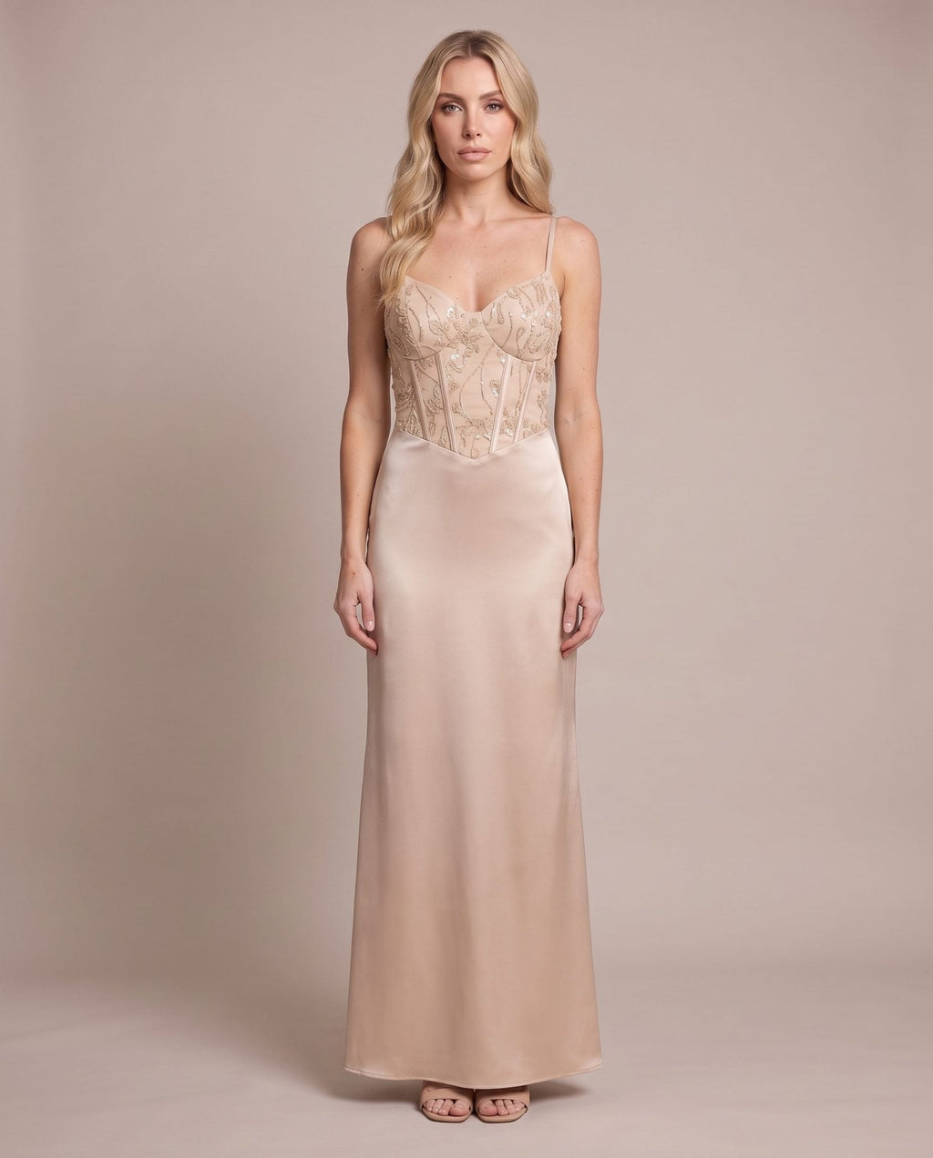 Vestito lungo in raso con corpetto paillettes MARLENE - Follie by Alice