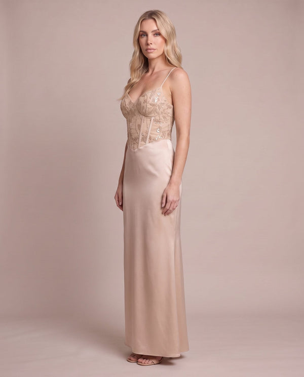 Vestito lungo in raso con corpetto paillettes MARLENE - Follie by Alice