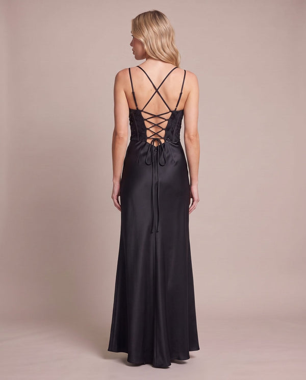 Vestito lungo in raso con corpetto paillettes MARLENE - Follie by Alice