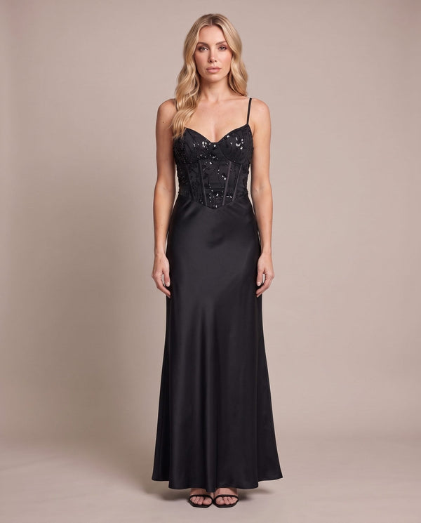Vestito lungo in raso con corpetto paillettes MARLENE - Follie by Alice