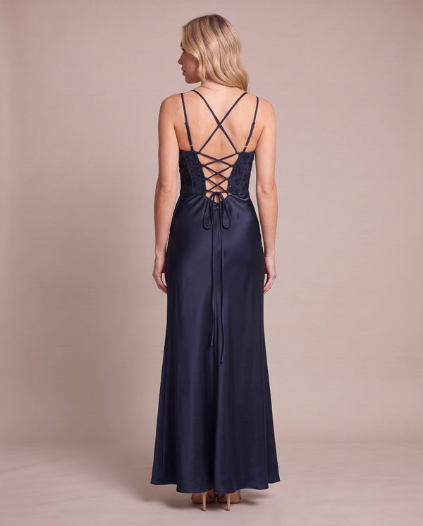 Vestito lungo in raso con corpetto paillettes MARLENE - Follie by Alice