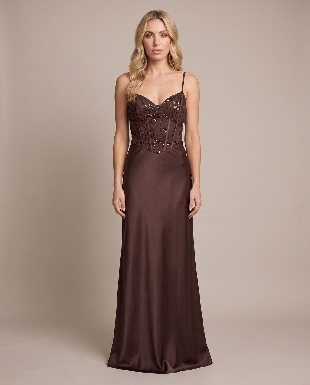 Vestito lungo in raso con corpetto paillettes MARLENE - Follie by Alice