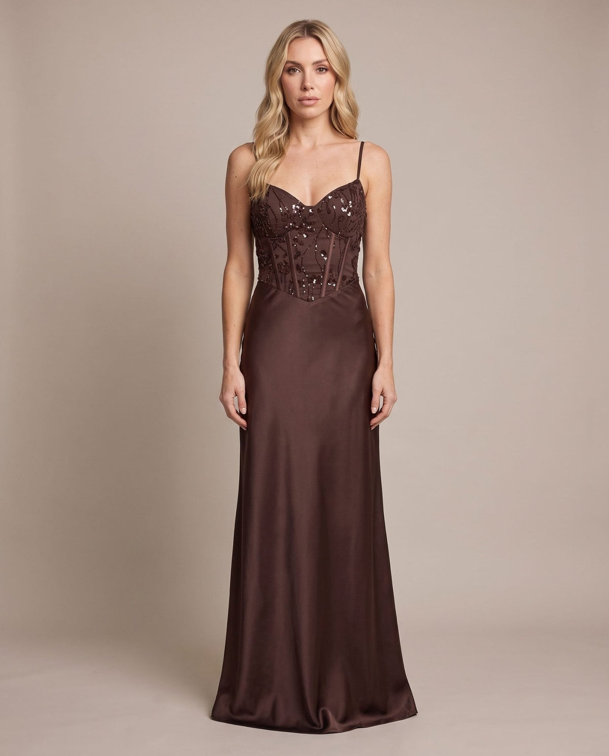Vestito lungo in raso con corpetto paillettes MARLENE - Follie by Alice