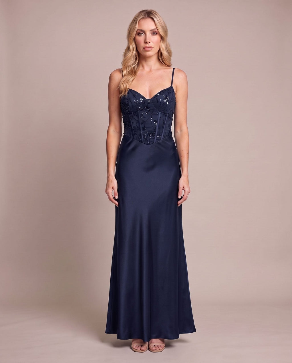 Vestito lungo in raso con corpetto paillettes MARLENE - Follie by Alice