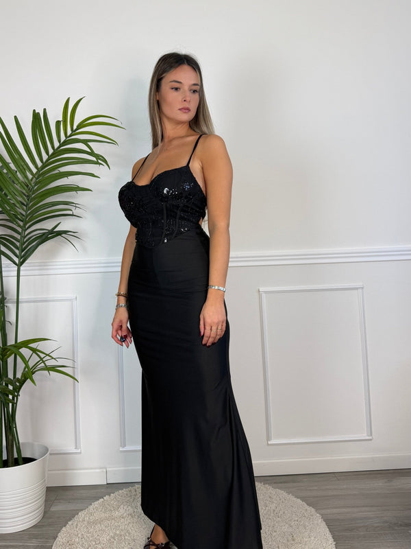 Vestito lungo in raso con corpetto paillettes MARLENE - Follie by Alice
