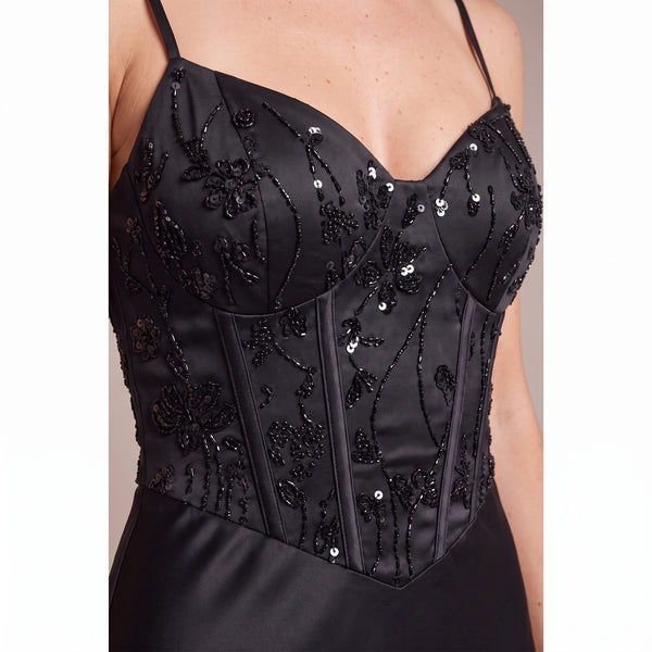Vestito lungo in raso con corpetto paillettes MARLENE - Follie by Alice