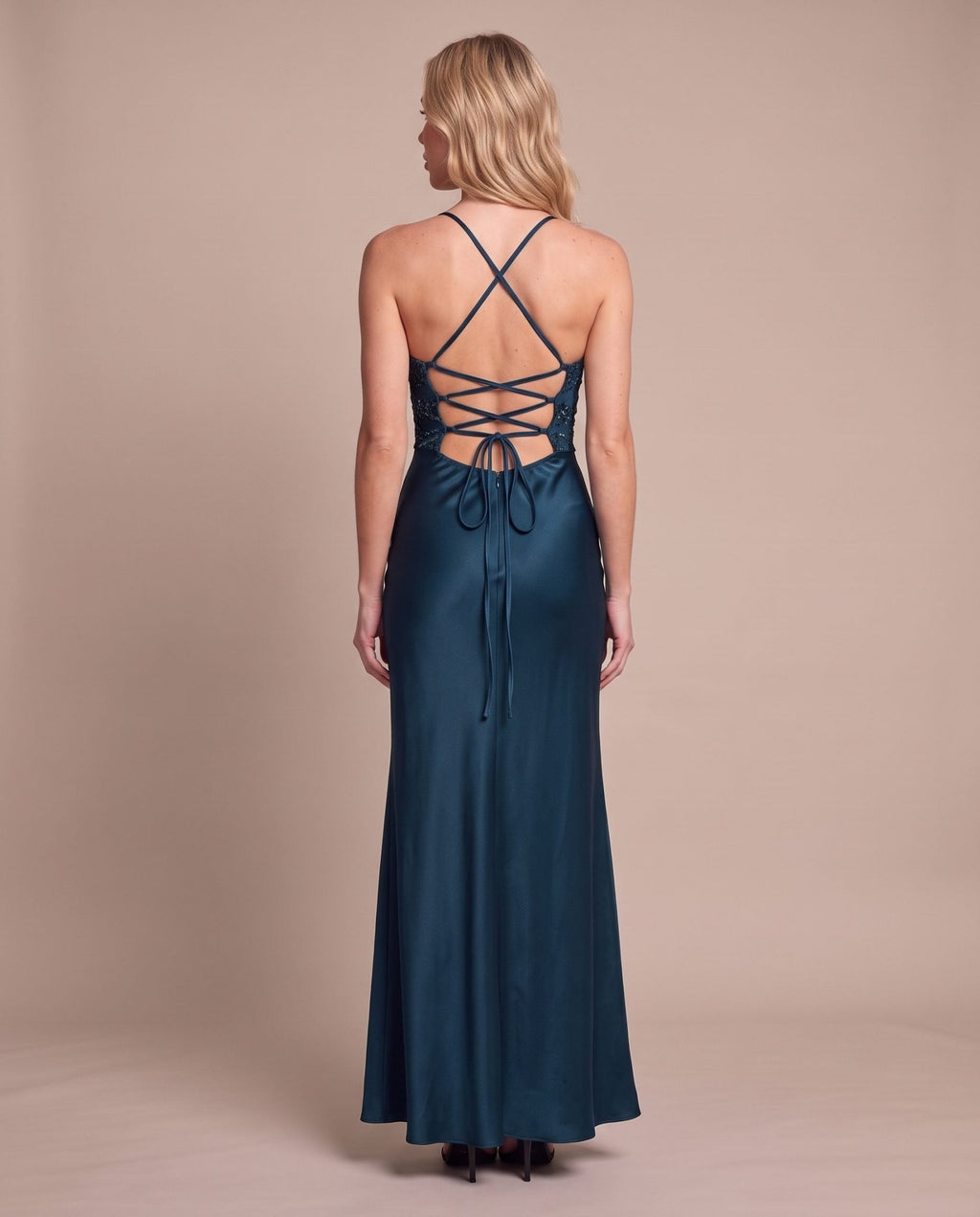 Vestito lungo in raso con corpetto paillettes MARLENE - Follie by Alice