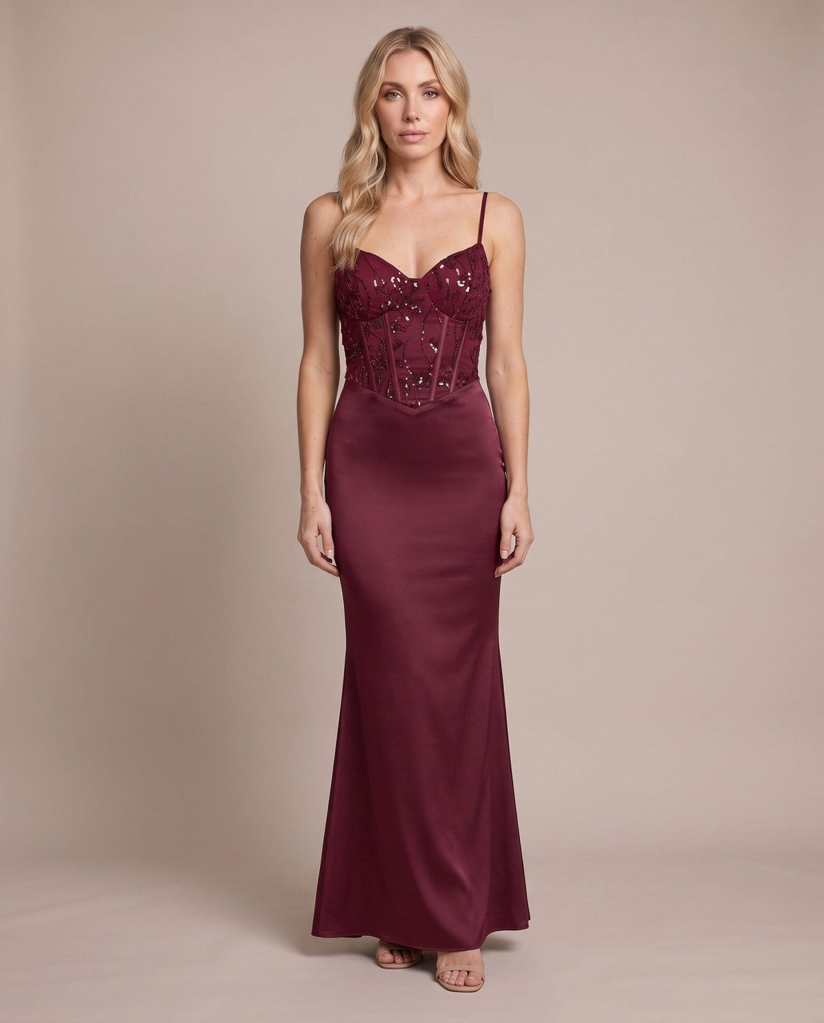 Vestito lungo in raso con corpetto paillettes MARLENE - Follie by Alice