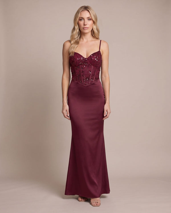 Vestito lungo in raso con corpetto paillettes MARLENE - Follie by Alice