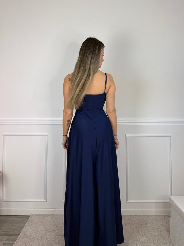 Vestito lungo in raso con drappeggio e gonna ampia con spacco - Follie by Alice