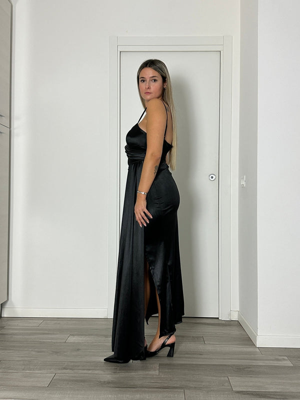 Vestito lungo in raso con drappeggio e spacco - Follie by Alice