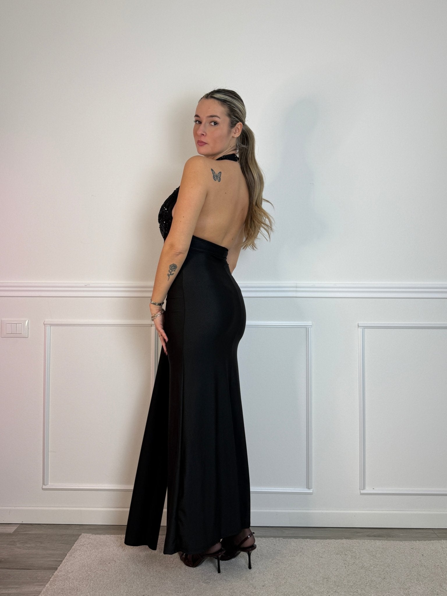 Vestito lungo in raso con fusciacca e corpetto in tulle con paillettes - Follie by Alice