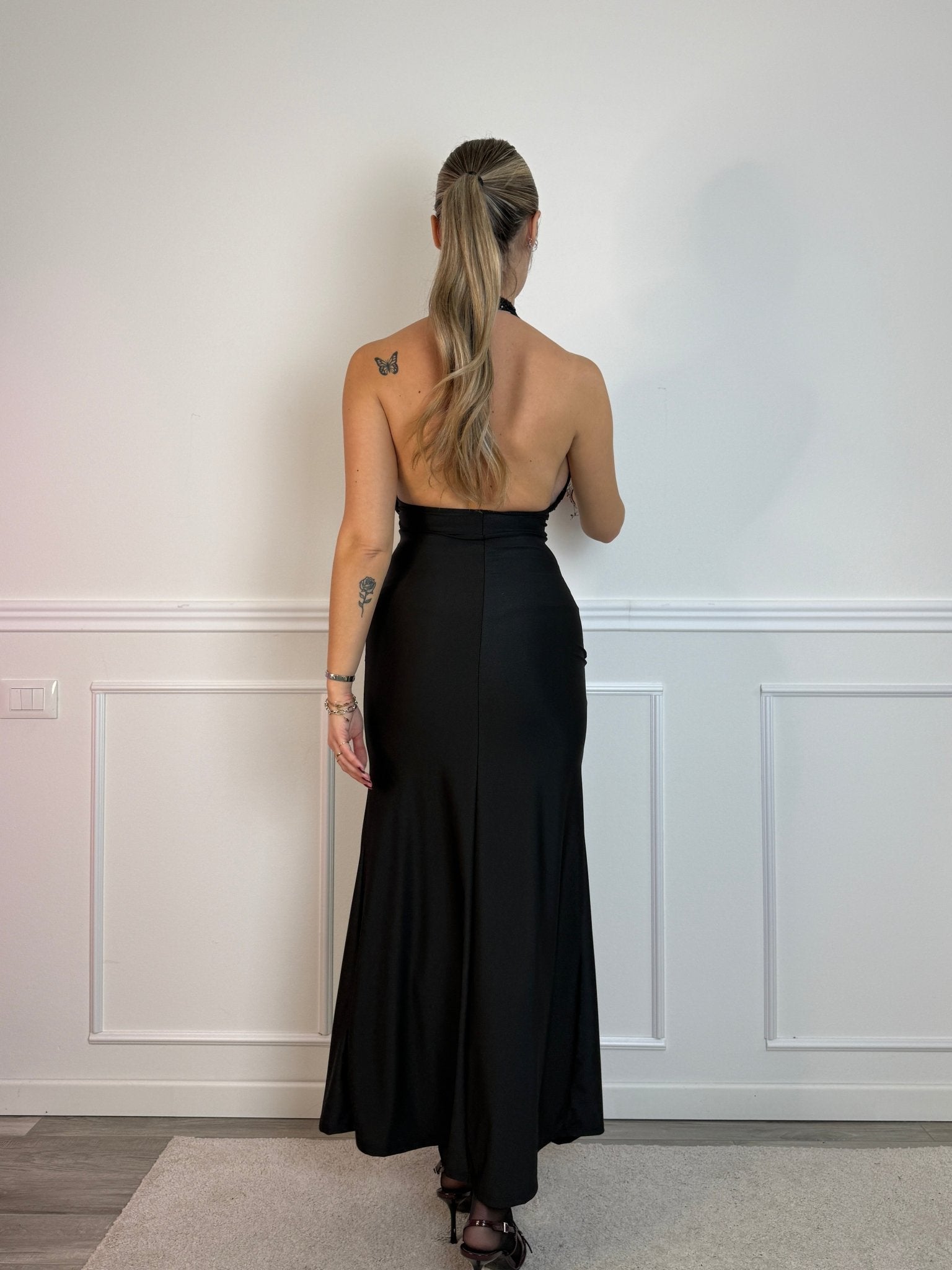 Vestito lungo in raso con fusciacca e corpetto in tulle con paillettes - Follie by Alice