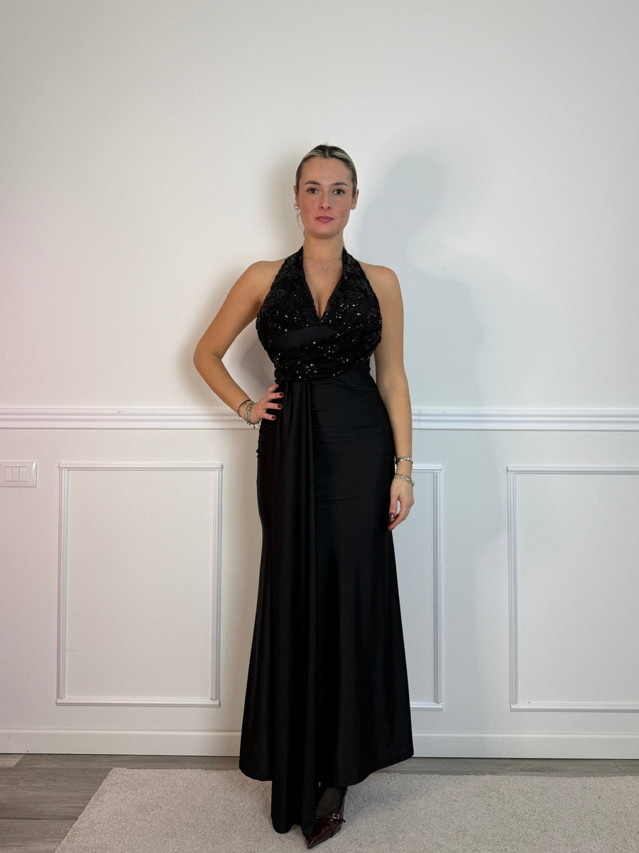 Vestito lungo in raso con fusciacca e corpetto in tulle con paillettes – alternate