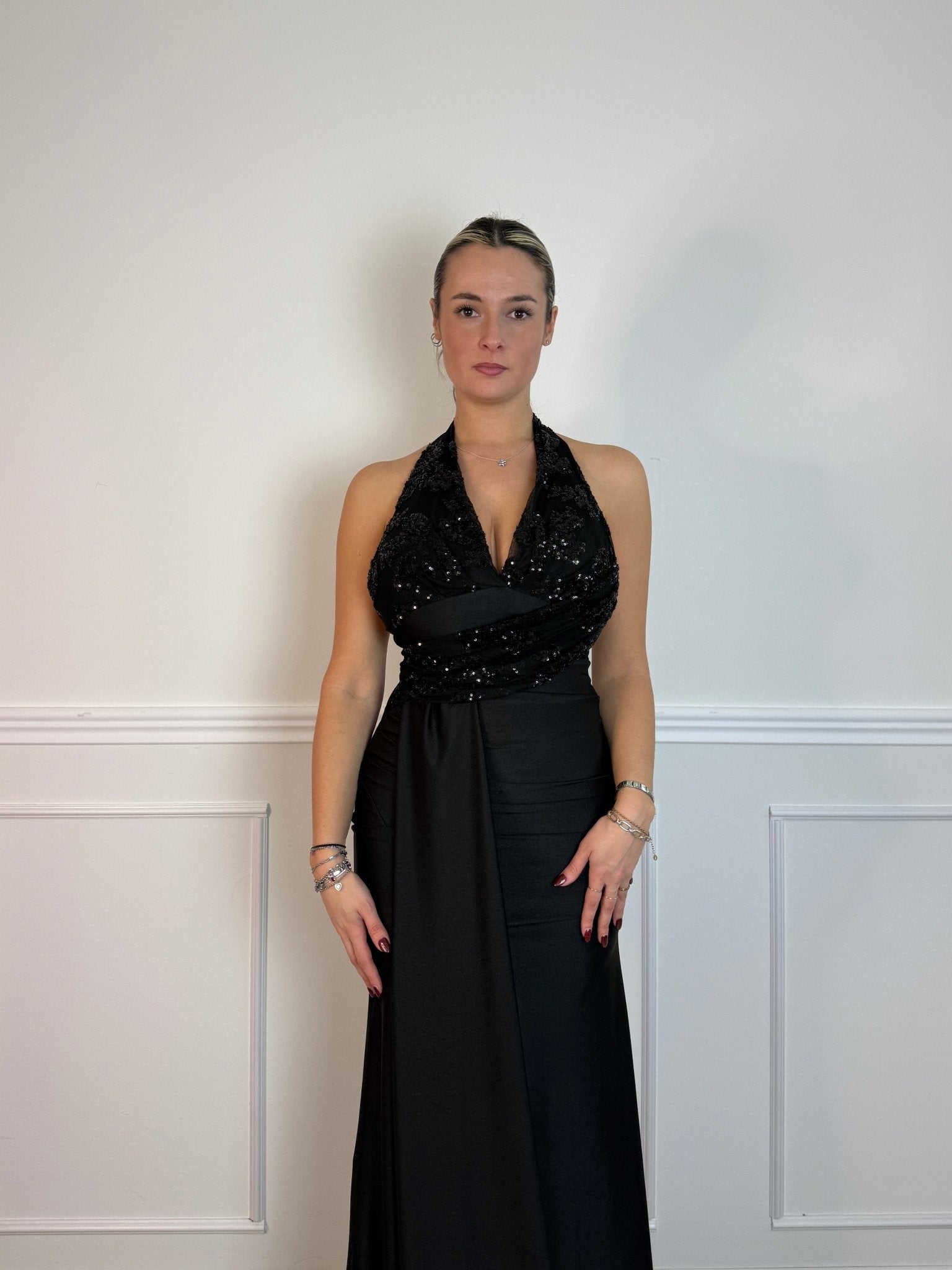 Vestito lungo in raso con fusciacca e corpetto in tulle con paillettes - Follie by Alice