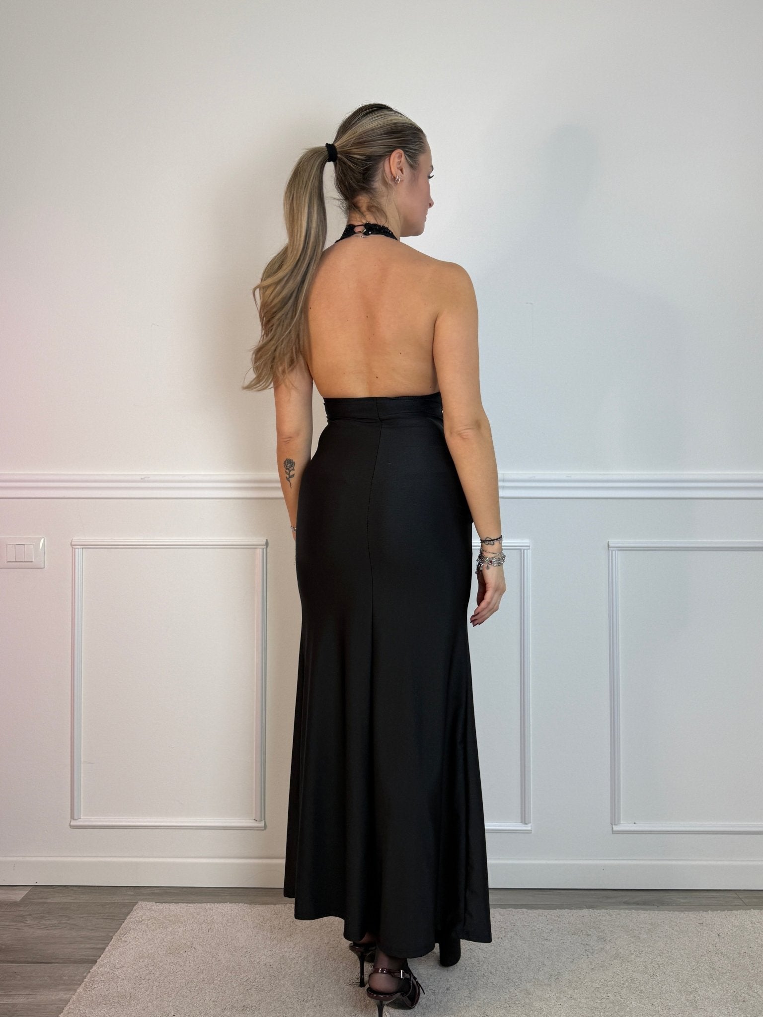 Vestito lungo in raso con fusciacca e corpetto in tulle con paillettes - Follie by Alice