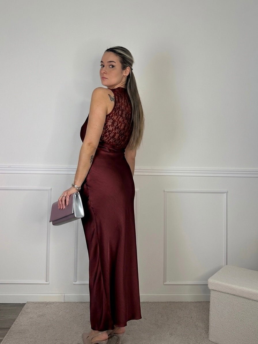 Vestito lungo in raso con inserto in pizzo CAMILLE - Follie by Alice