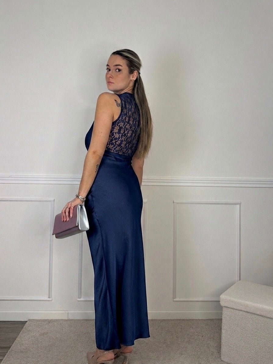 Vestito lungo in raso con inserto in pizzo CAMILLE - Follie by Alice