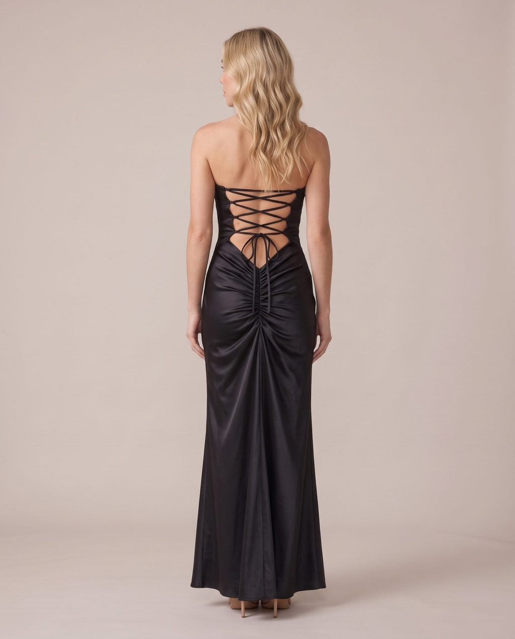 Vestito lungo in raso con schiena ad allacciatura incrociata CELESTE - Follie by Alice