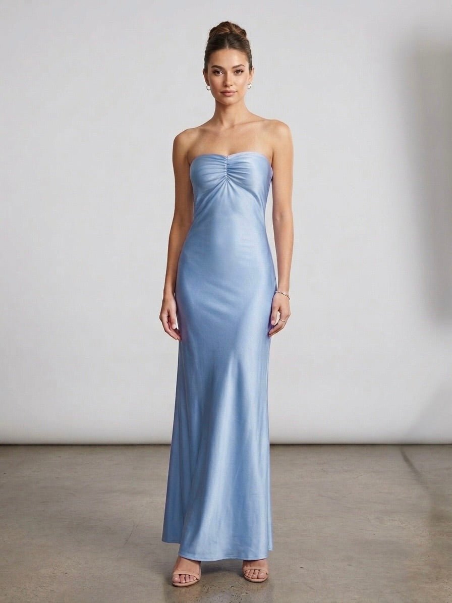 Vestito lungo in raso con schiena ad allacciatura incrociata CELESTE - Follie by Alice