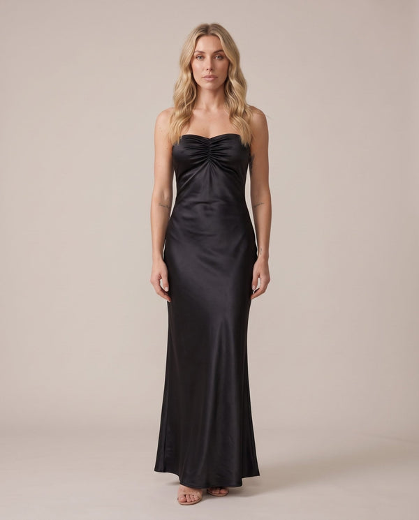 Vestito lungo in raso con schiena ad allacciatura incrociata CELESTE - Follie by Alice