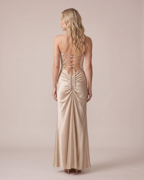 Vestito lungo in raso con schiena ad allacciatura incrociata CELESTE - Follie by Alice
