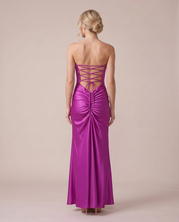 Vestito lungo in raso con schiena ad allacciatura incrociata CELESTE - Follie by Alice