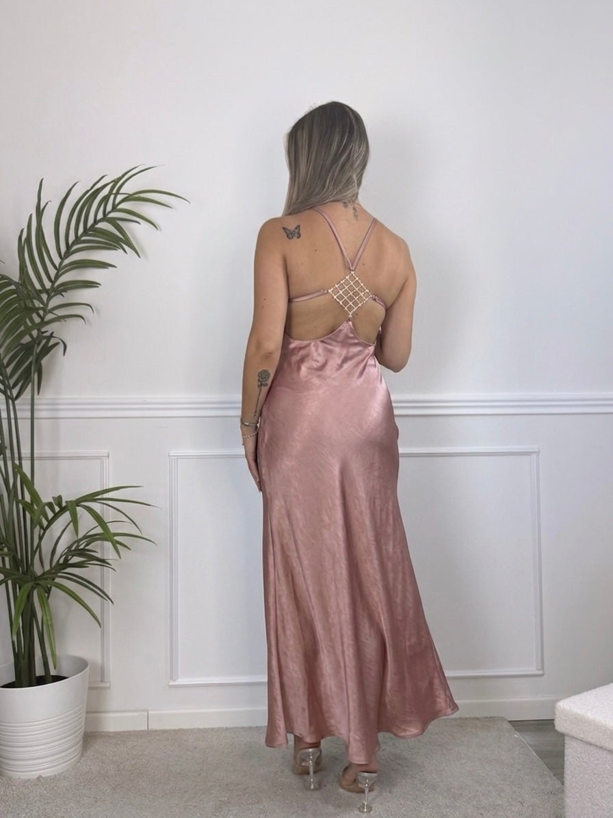 Vestito lungo in raso con schiena scoperta con gioiello di strass REFLECT - Follie by Alice