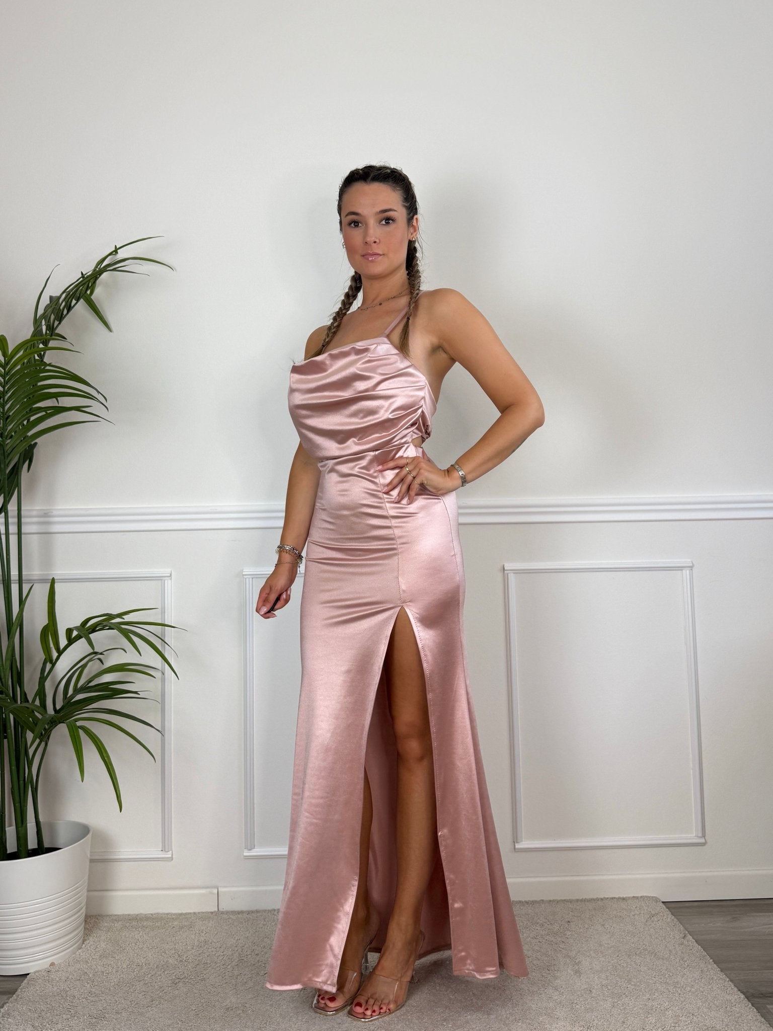 Vestito lungo in raso con scollo a cascata JADE - Follie by Alice