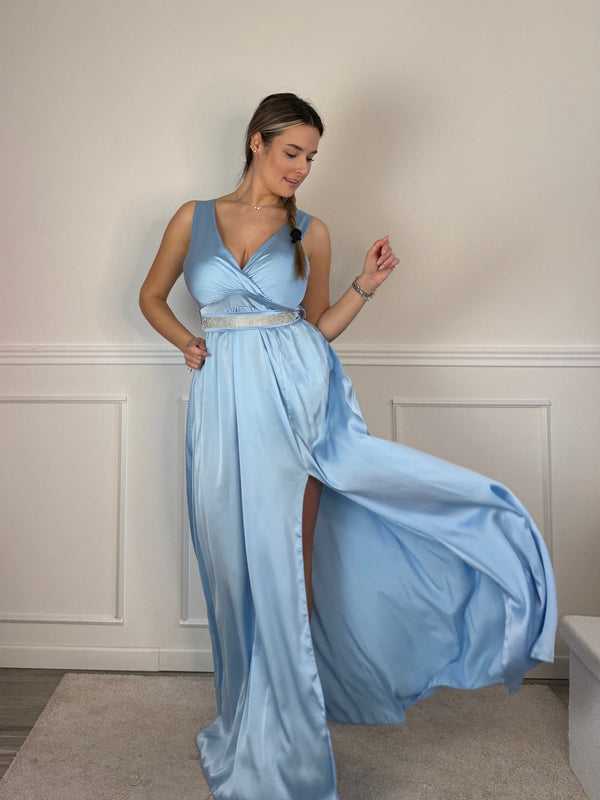 Vestito lungo in raso con scollo a V e cintura con strass - Follie by Alice