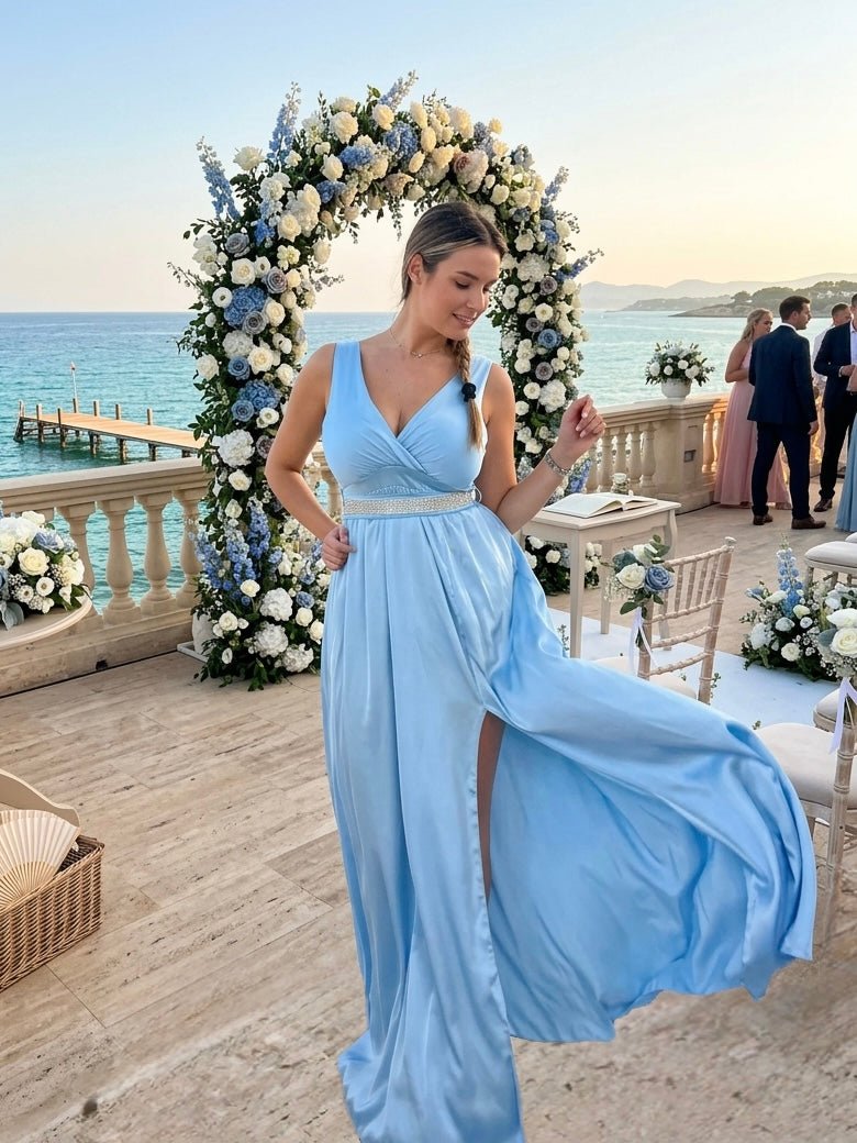 Vestito lungo in raso con scollo a V e cintura con strass