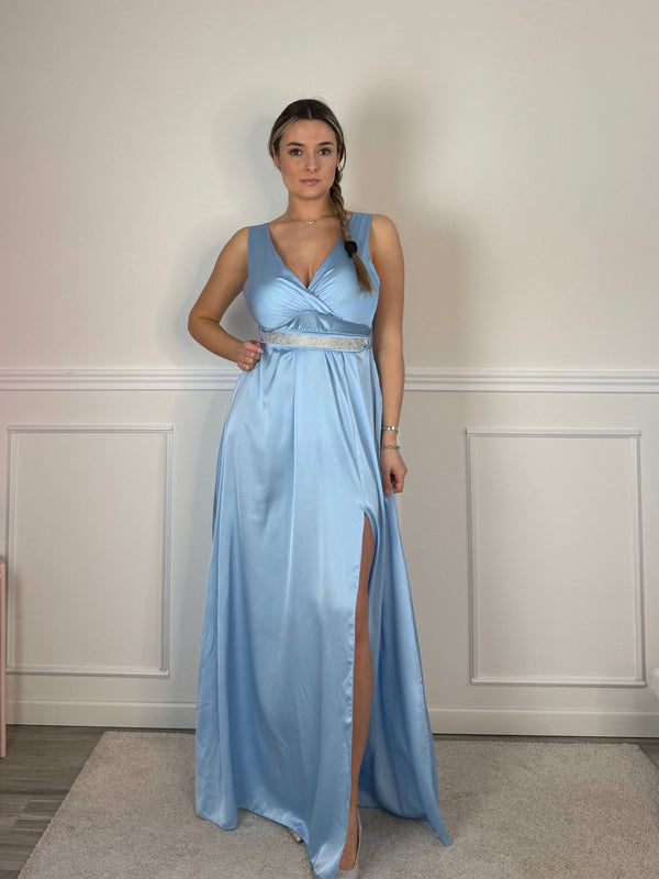 Vestito lungo in raso con scollo a V e cintura con strass - Follie by Alice