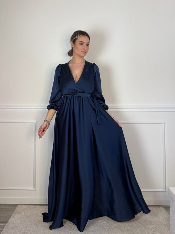Vestito lungo in raso con scollo a V, maniche tre quarti e spacco - Follie by Alice