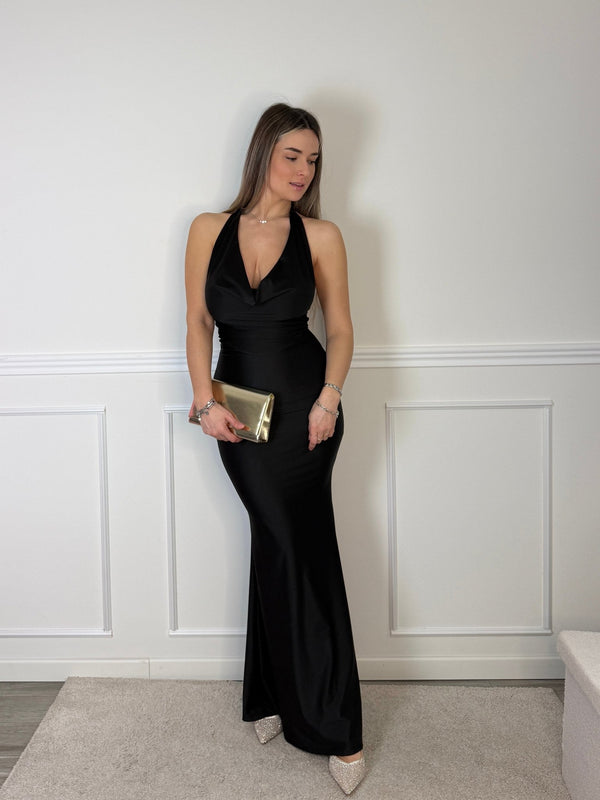 Vestito lungo in raso con scollo drappeggiato e schiena scoperta - Follie by Alice