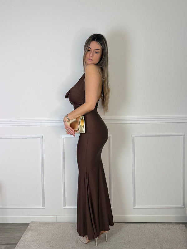Vestito lungo in raso con scollo drappeggiato e schiena scoperta - Follie by Alice