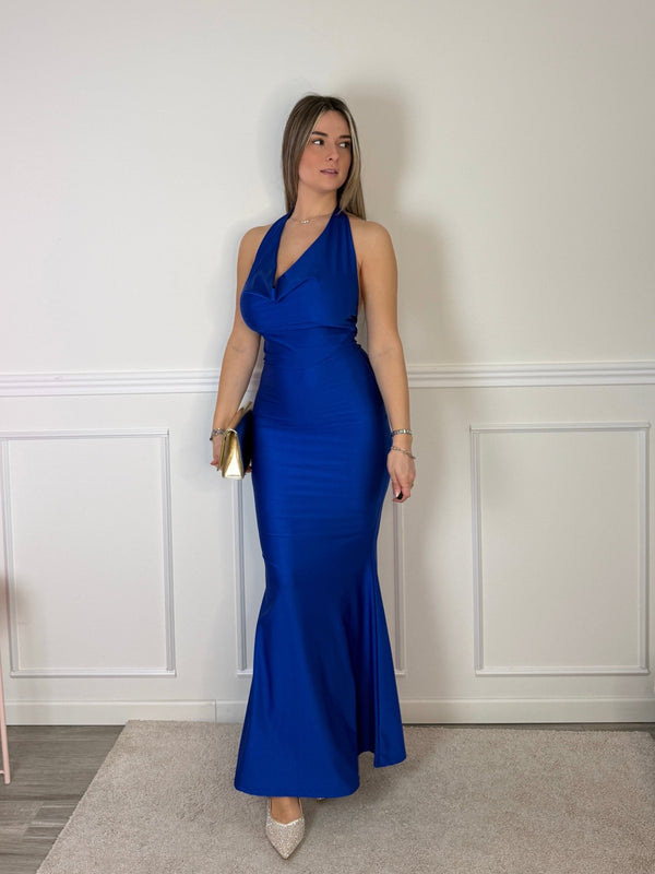 Vestito lungo in raso con scollo drappeggiato e schiena scoperta - Follie by Alice