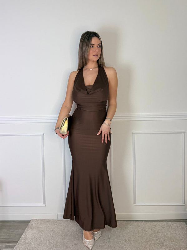 Vestito lungo in raso con scollo drappeggiato e schiena scoperta - Follie by Alice