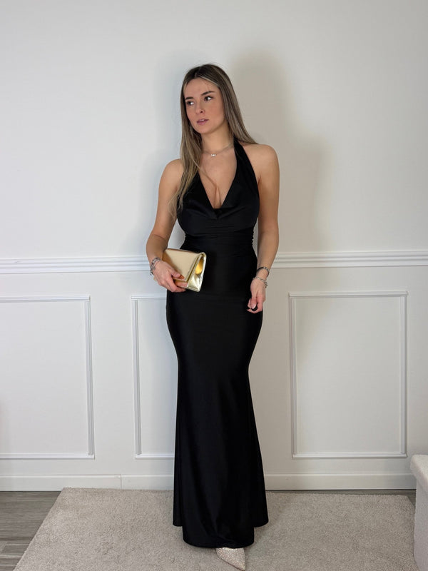 Vestito lungo in raso con scollo drappeggiato e schiena scoperta - Follie by Alice
