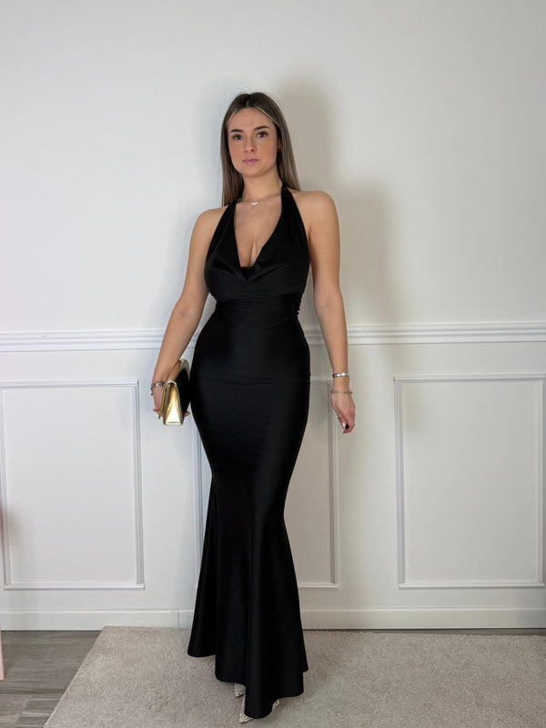 Vestito lungo in raso con scollo drappeggiato e schiena scoperta - Follie by Alice