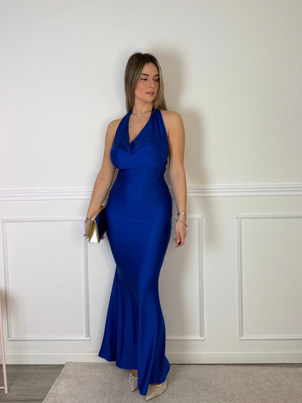 Vestito lungo in raso con scollo drappeggiato e schiena scoperta - Follie by Alice