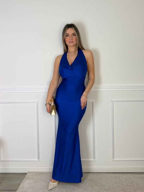Vestito lungo in raso con scollo drappeggiato e schiena scoperta - Follie by Alice
