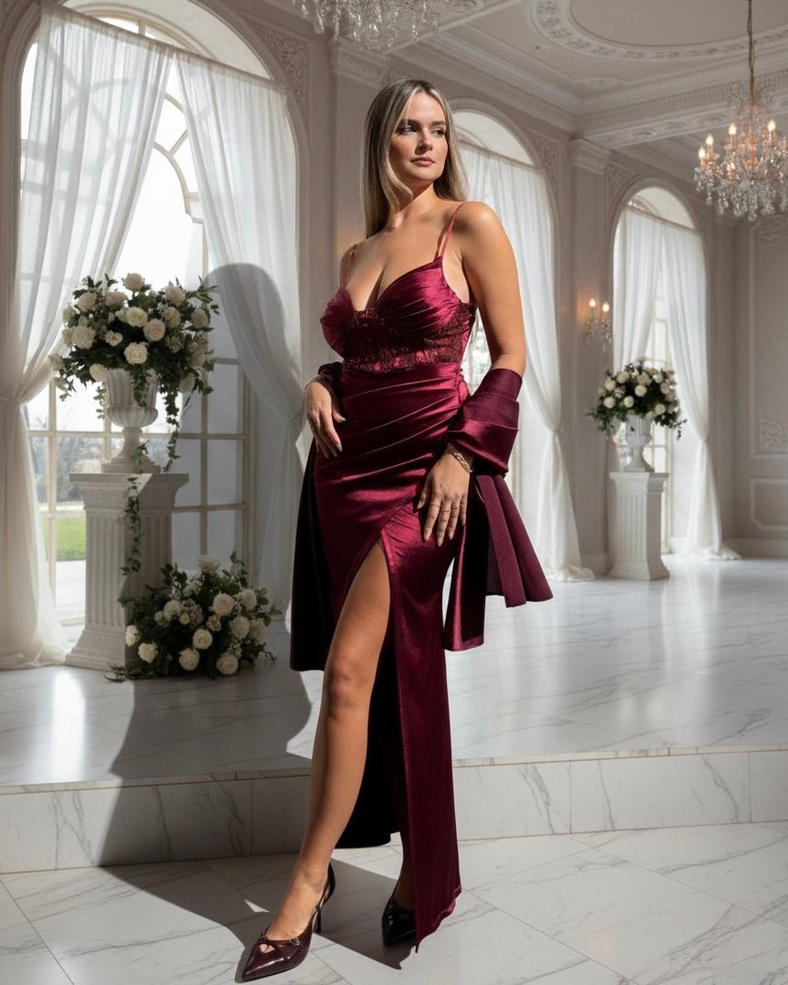 Vestito lungo in raso con top a corsetto con paillettes, drappeggio e spacco profondo - Follie by Alice