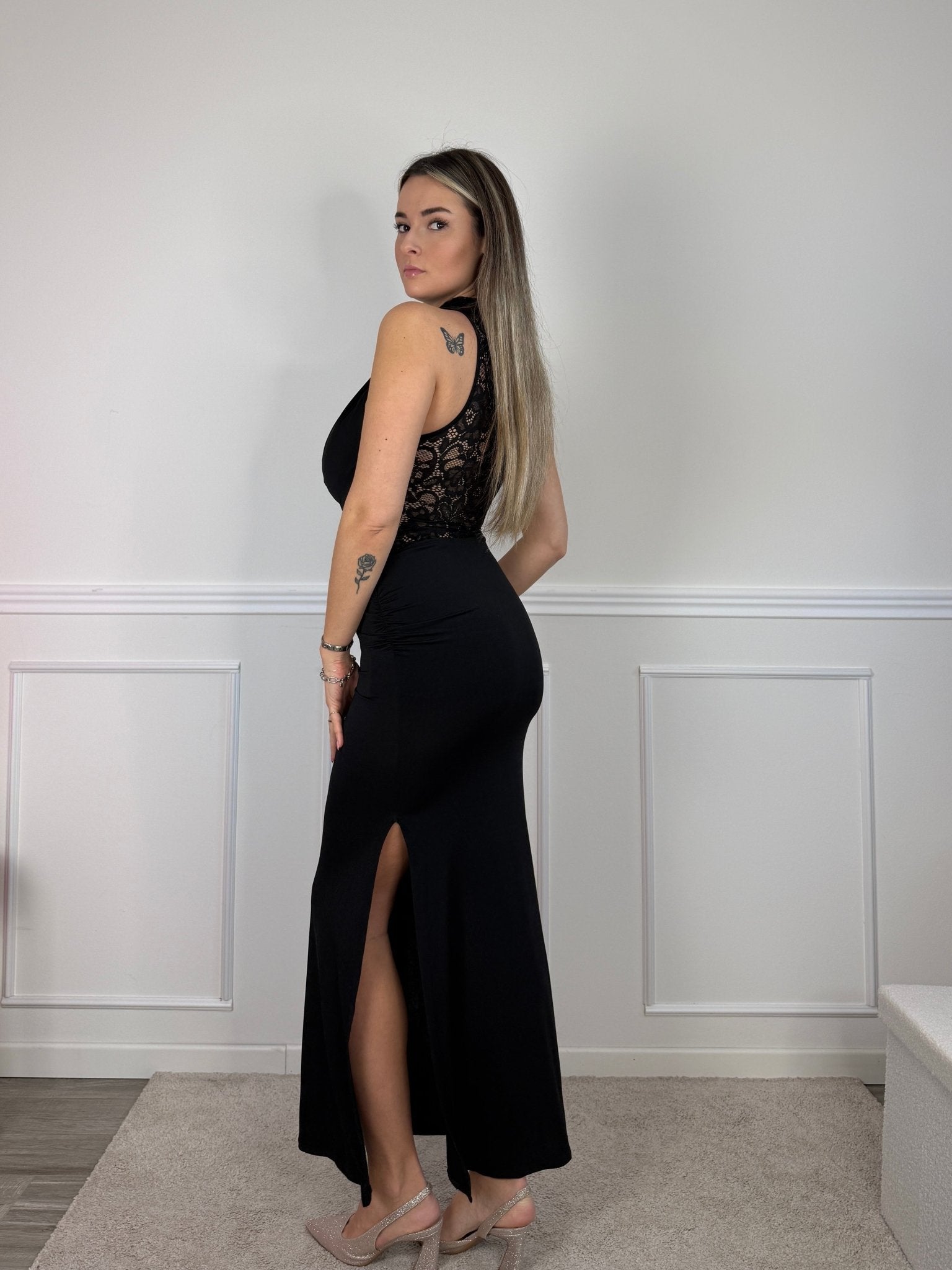 Vestito lungo in raso con top in pizzo e scollo drappeggiato - Follie by Alice