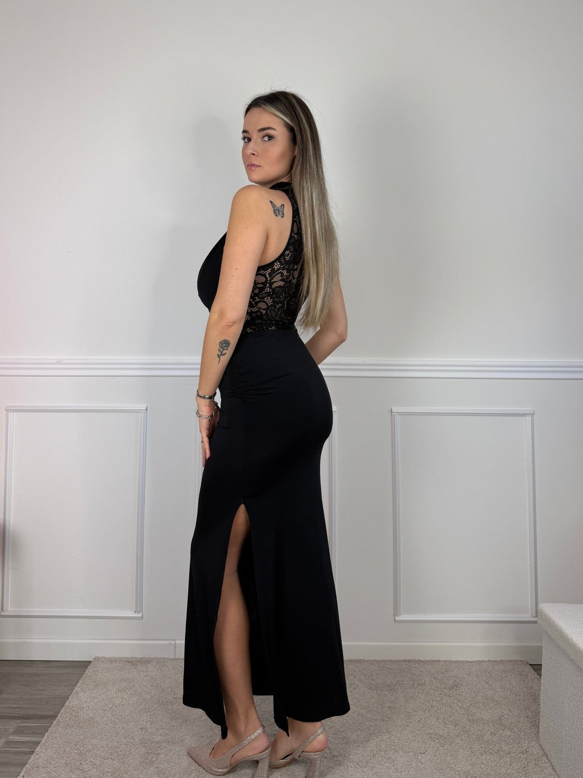 Vestito lungo in raso con top in pizzo e scollo drappeggiato - Follie by Alice