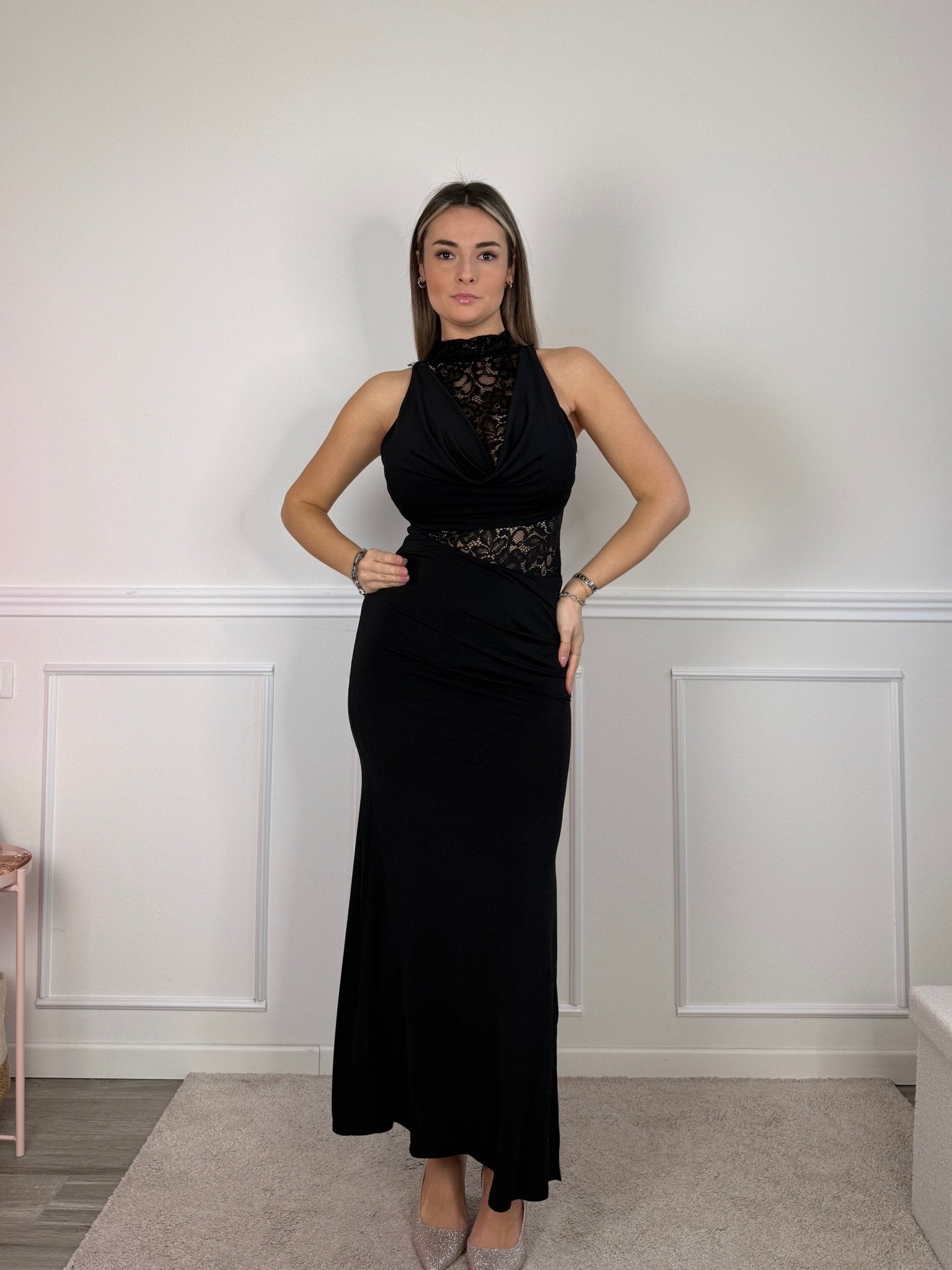 Vestito lungo in raso con top in pizzo e scollo drappeggiato - Follie by Alice